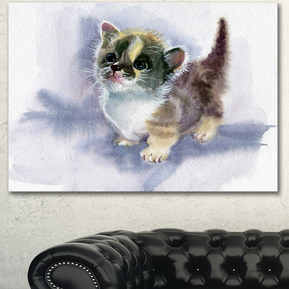 Cute Kitten on Blue Watercolor, Animal Canvas Art Print, 40"x30"