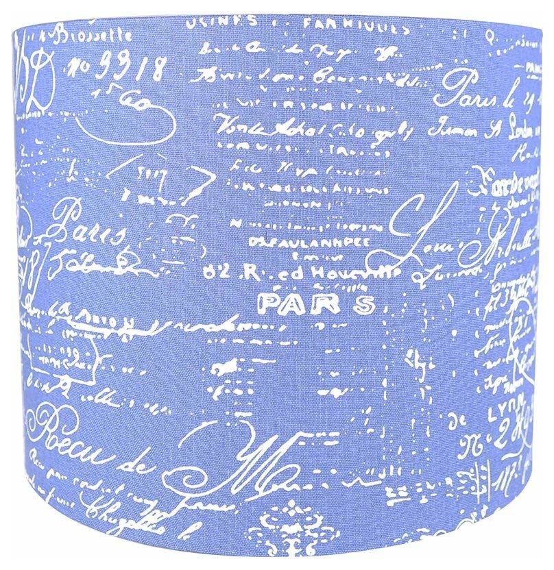 Classic Drum Linen Lamp Shade, Blue, White Script, 12"