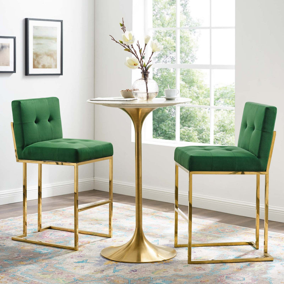 Bar Stool Chair Barstool, Set of 2, Velvet, Metal, Gold Green, Modern, Bar Pub
