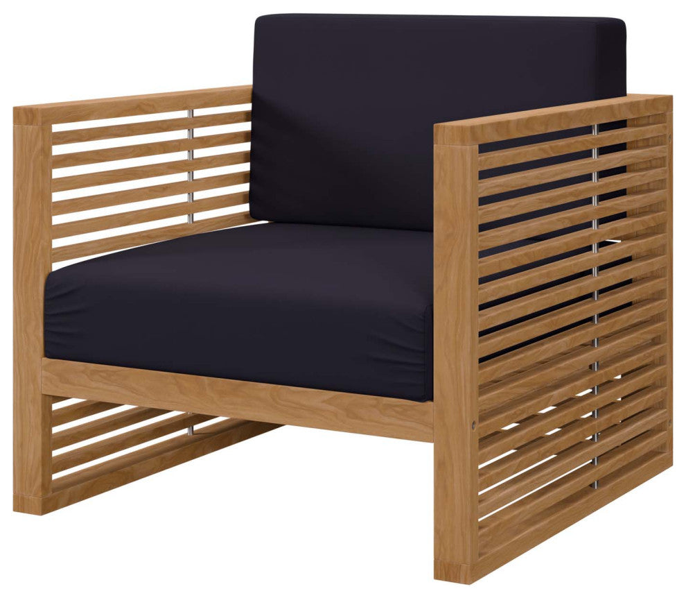 Lounge Chair Armchair, Blue Navy Natural, Teak Wood, Modern, Outdoor Patio