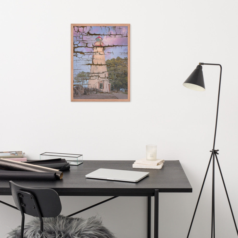 Faux Wood Texture Marblehead Lighthouse at Sunset Framed Photo Wall Art Print, Red Oak, 18" X 24"
