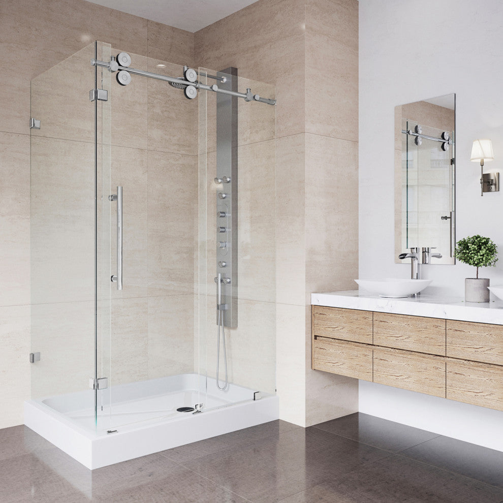VIGO Winslow Frameless Sliding Shower Enclosure, Chrome, 36" D X 48" W X 80" H, Right Drain Base