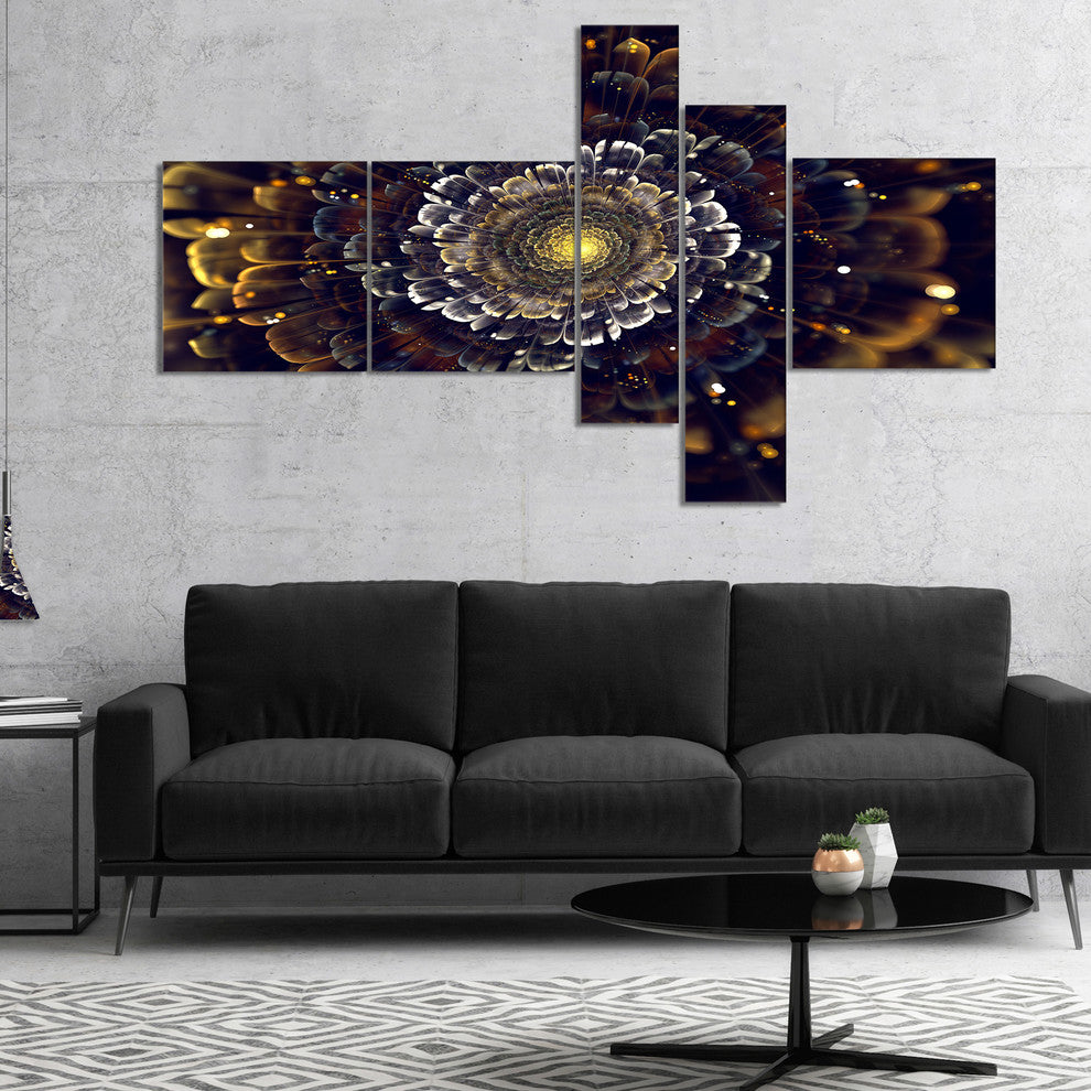 Yellow Fractal Flowers with Violet, Abstract Print On Canvas, 60"x32", 5 panels
