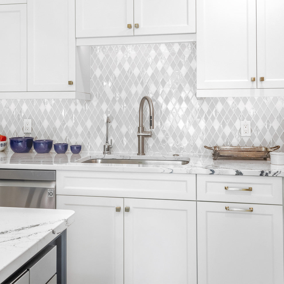 Elegant Glass and Marble Rhomboid Design Mosaic Backsplash Tile, Sample