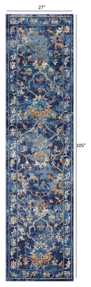 2??x 9??Blue and Gold Jacobean Runner Rug