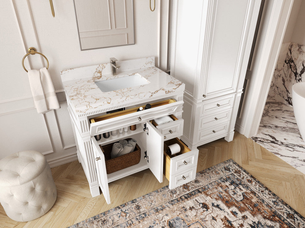 Paris 36" Center Sink Bathroom Vanity, White 2" White Quartz