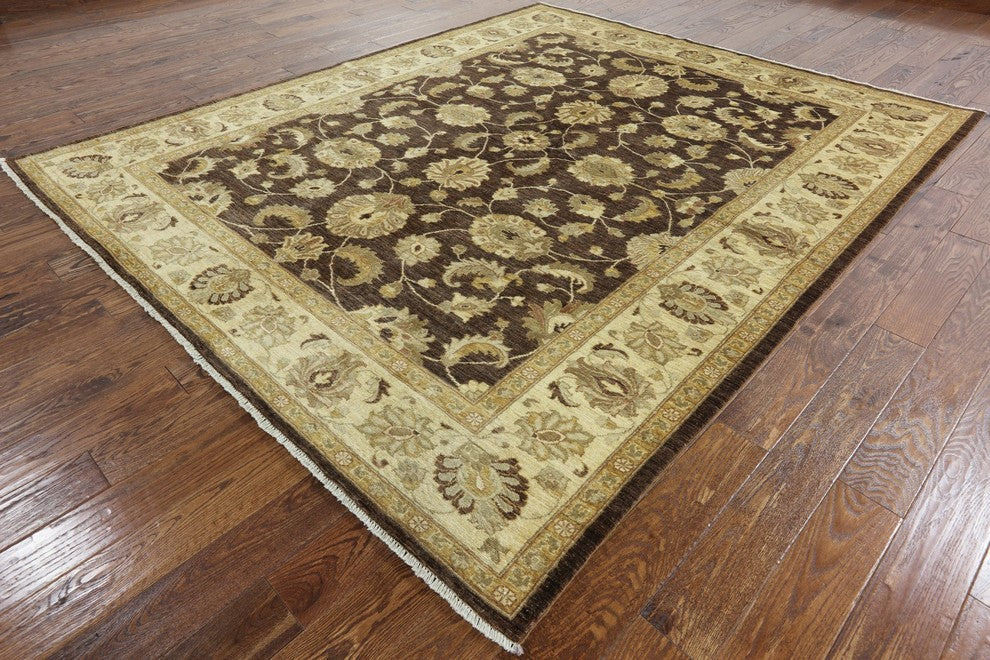 Handmade Peshawar Chobi Floral Brown Hand-Knotted Oriental Wool Rug, 8'x10'