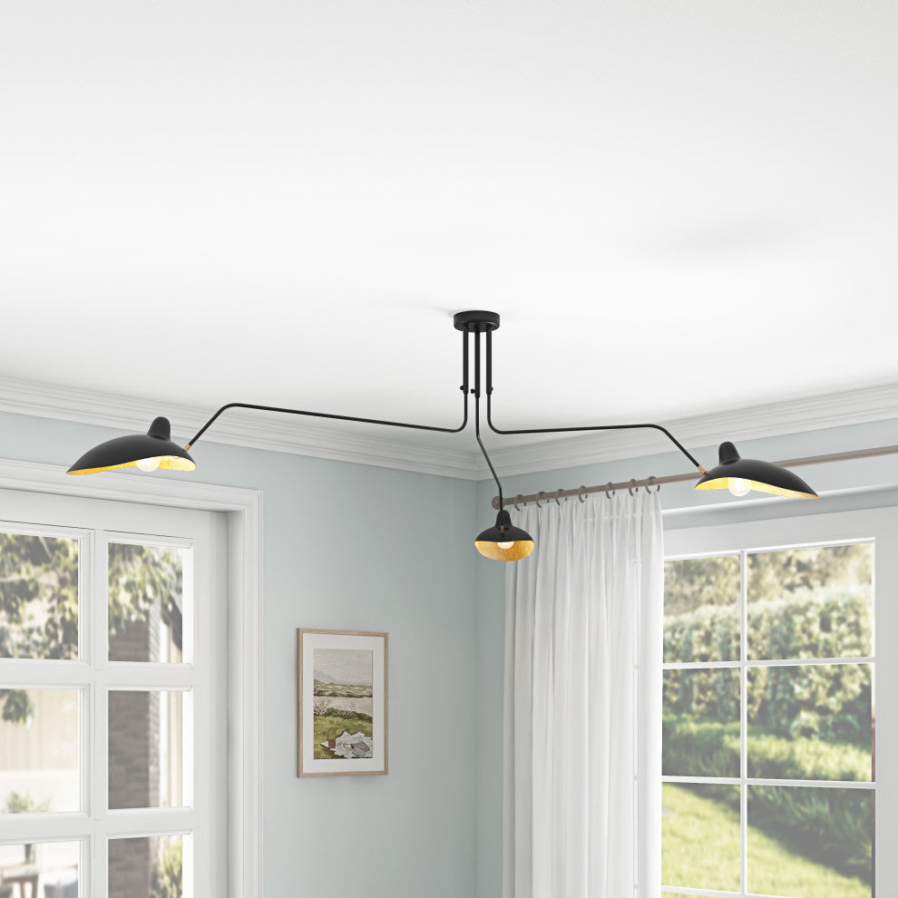 Farmhouse Matte Black 3-Light Semi Flush Mount Ceiling Light with Gold Leaf