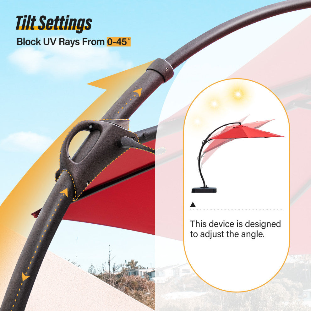11' Outdoor Patio Hanging Cantilever Curvy Umbrella With 360 Rotation, Red