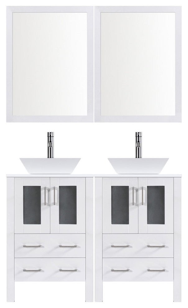 Modern Bathroom Vanity Set With Mirror and Sink, White, 60"
