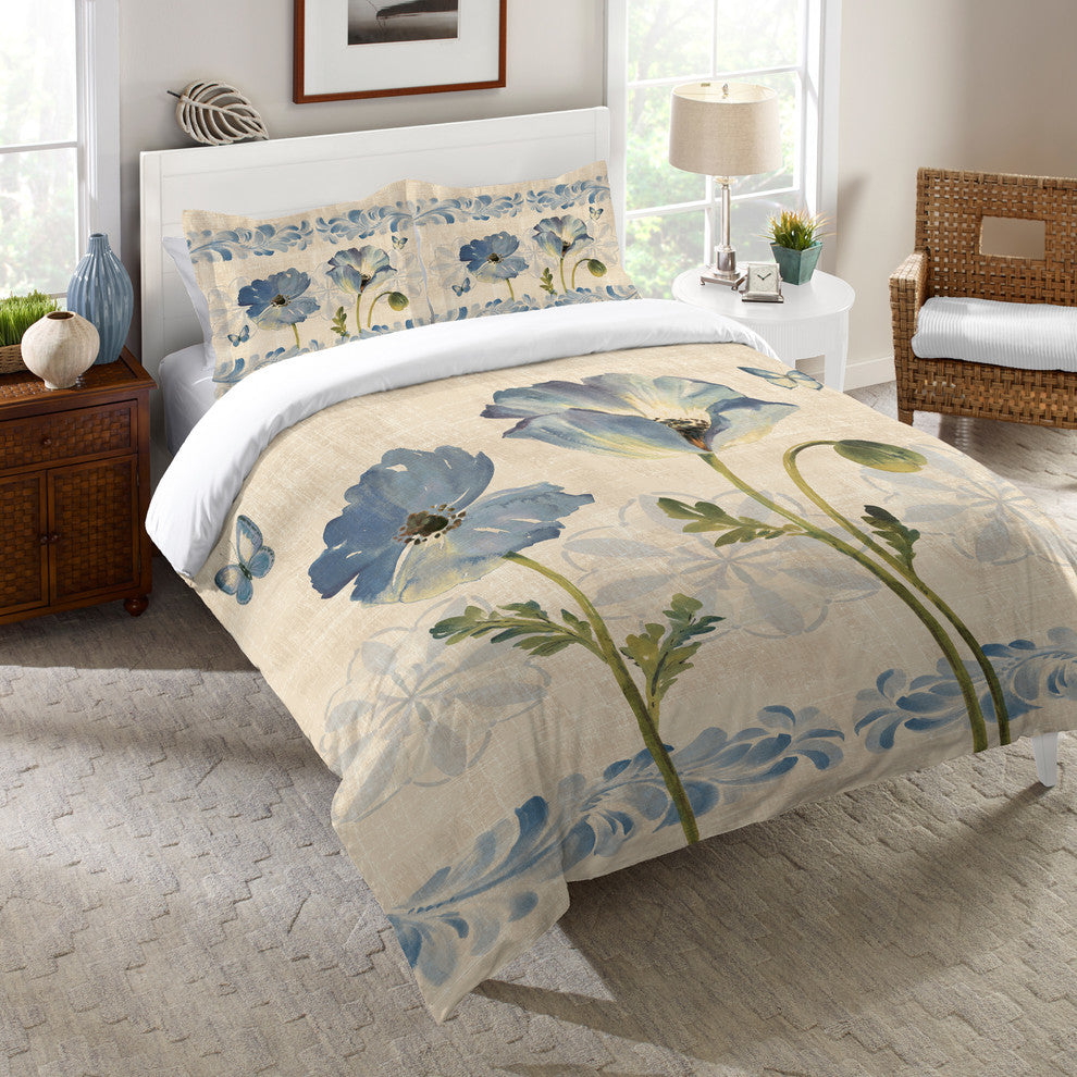 Laural Home Indigo Watercolor Poppies Comforter, Twin