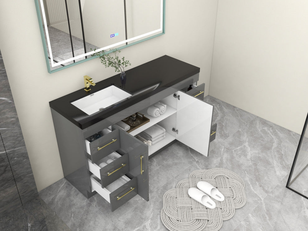 Rosa 60" Free Standing Modern Vanity, High Gloss Gray, Matt Black Top