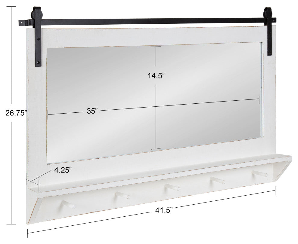 Cates Framed Wall Mirror with Shelf and Hooks, White 42x27
