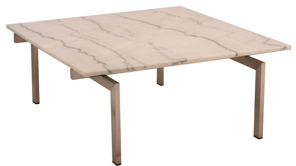 Louve Square Coffee Table, White Marble Square Table, Brushed Stainless Steel