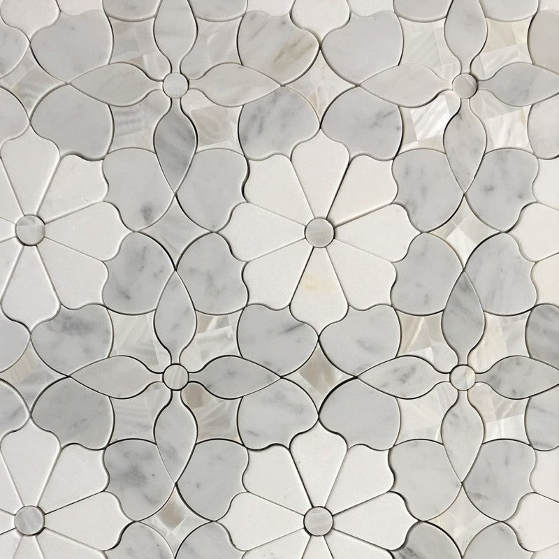 Dahlia Thassos, Carrara, and Mother of Pearl Waterjet Mosaic
