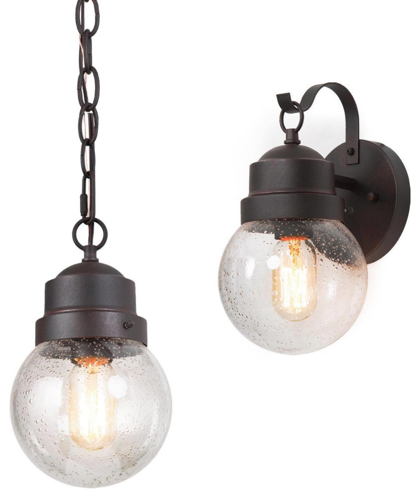 LNC 1-Light Seeded Glass Globe Outdoor Wall Lamp, 11", Black, 2-Pack