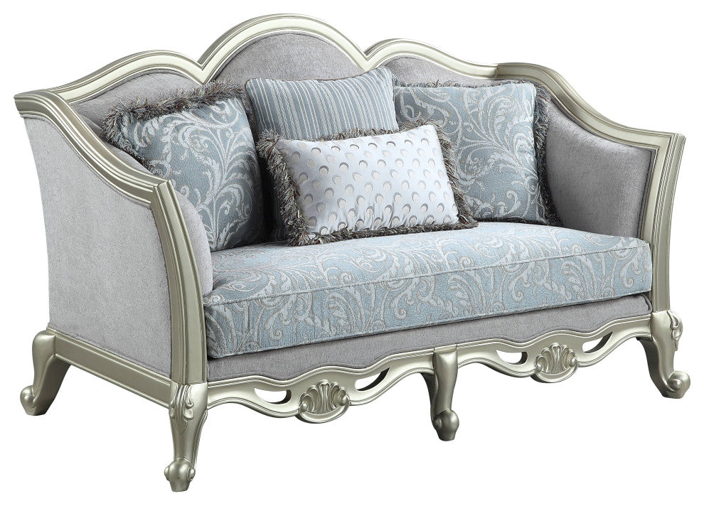 ACME Qunsia Loveseat With 4 Pillows, Light Gray Linen and Champagne Finish