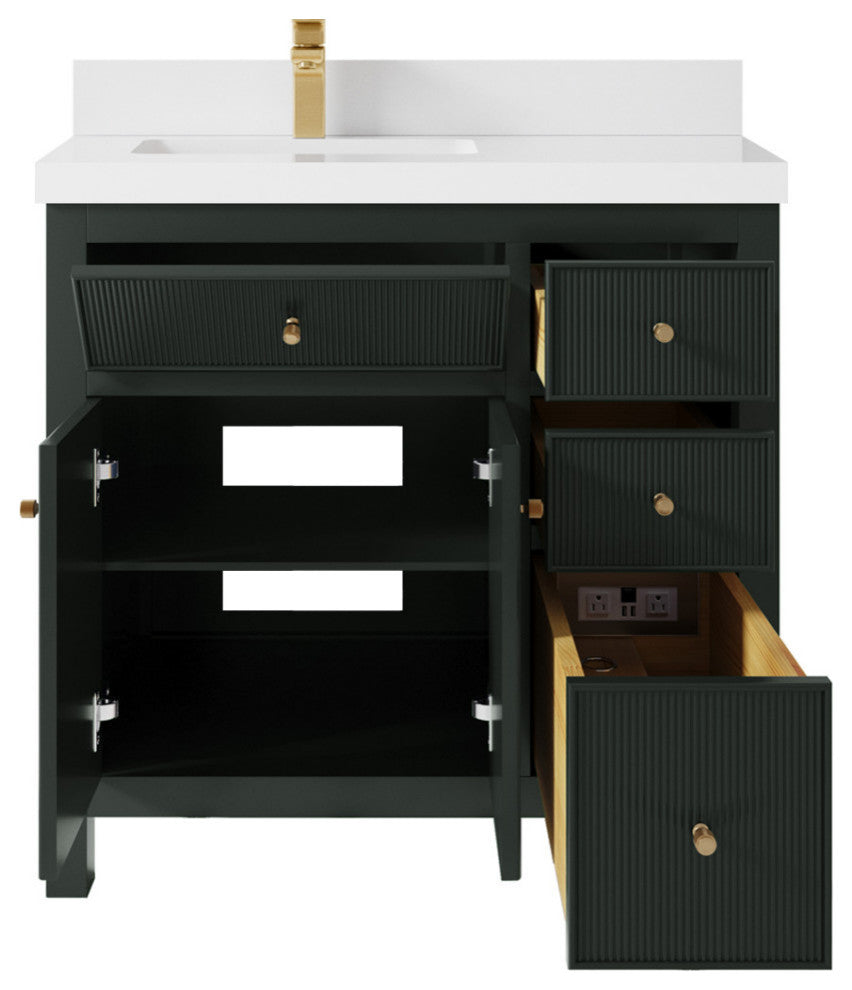 Sonoma 36 Left Offset Reeded Bath Vanity in Dark Forest Green 2" White Quartz
