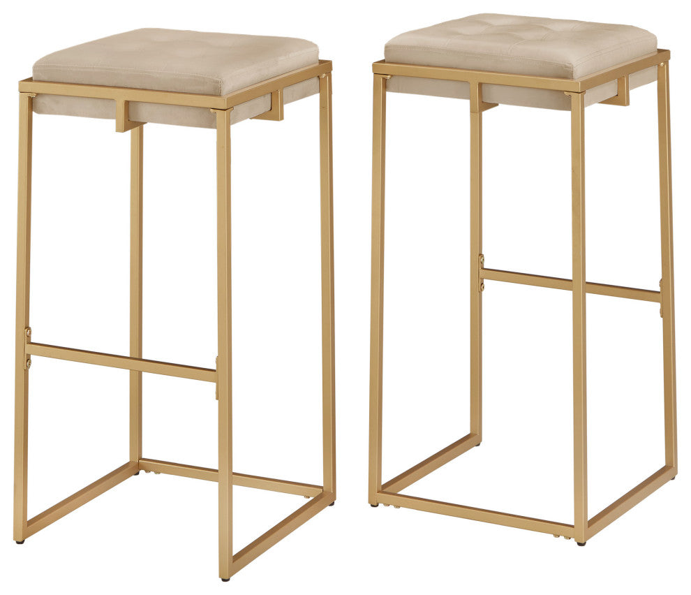 Jasper Gold Finish Velvet Button Tufted Stools Set Of 2 Beige Bar H
