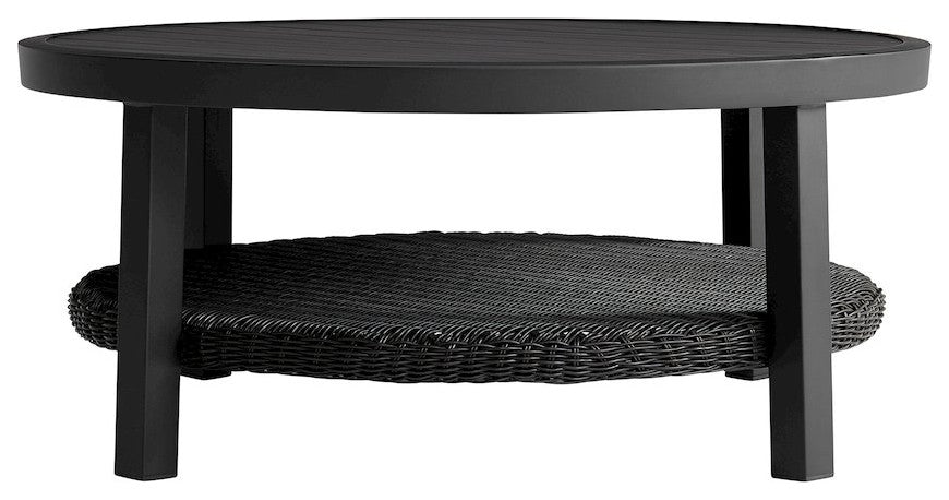 Cayman Black Aluminum Outdoor Round Conversation Table with Wicker Shelf