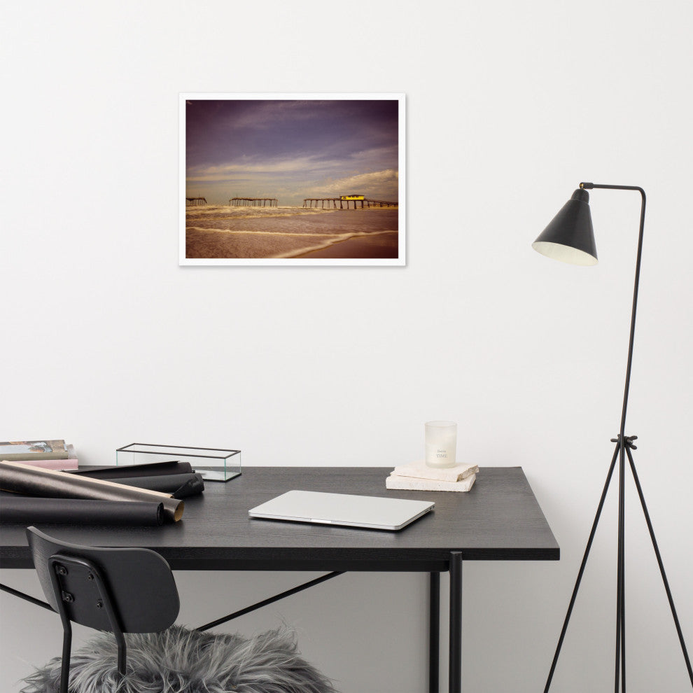 Aged View of Frisco Pier Coastal Framed Photo Paper Print, White, 18" X 24"