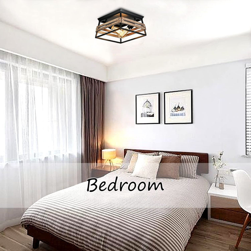 2 Light Semi Flush Mount Ceiling Light Fixture, Farmhouse, Wood