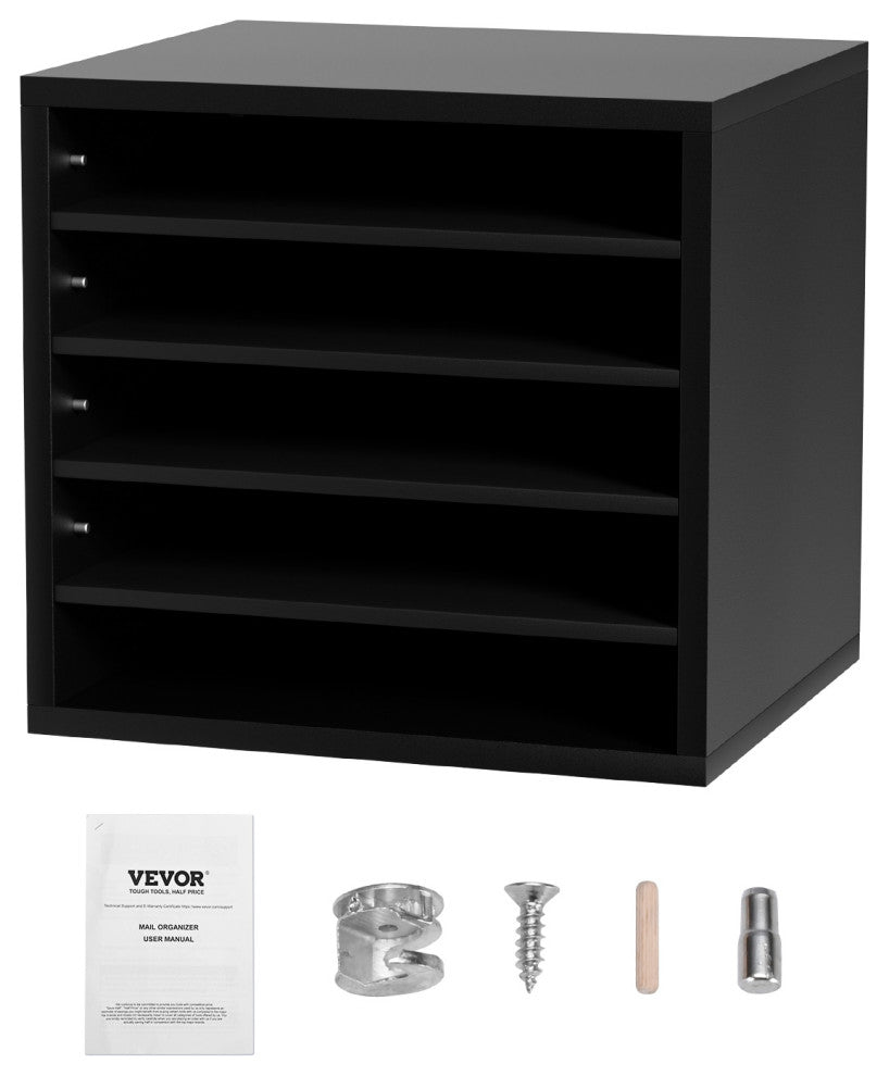 5 Compartments Wood File Organiser Office Mailbox with Adjustable Shelves, Black