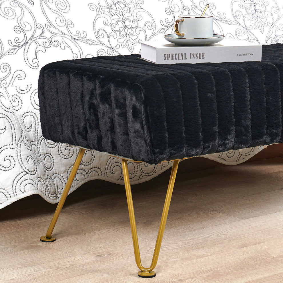 Super Mink Rectangle Ottoman With Golden Legs, Jet Black, 46"x16"x17"