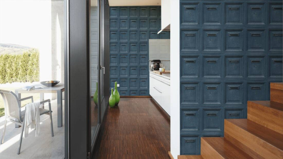Loft Nature Textured Wallpaper, Numbered Post Boxes, Blue Black, One Roll