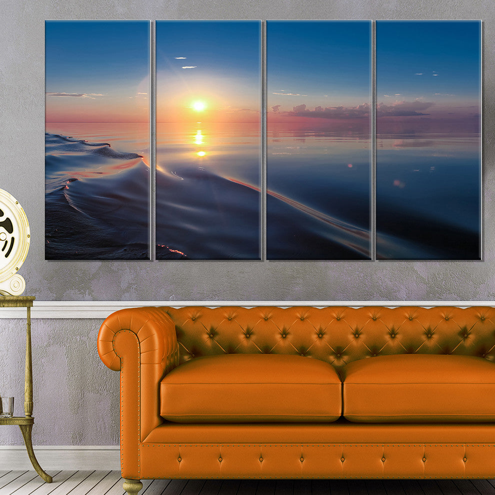 "Smooth Sea Surface Under Sunset" Beach Canvas Wall Art, 4 Panels, 48"x28"