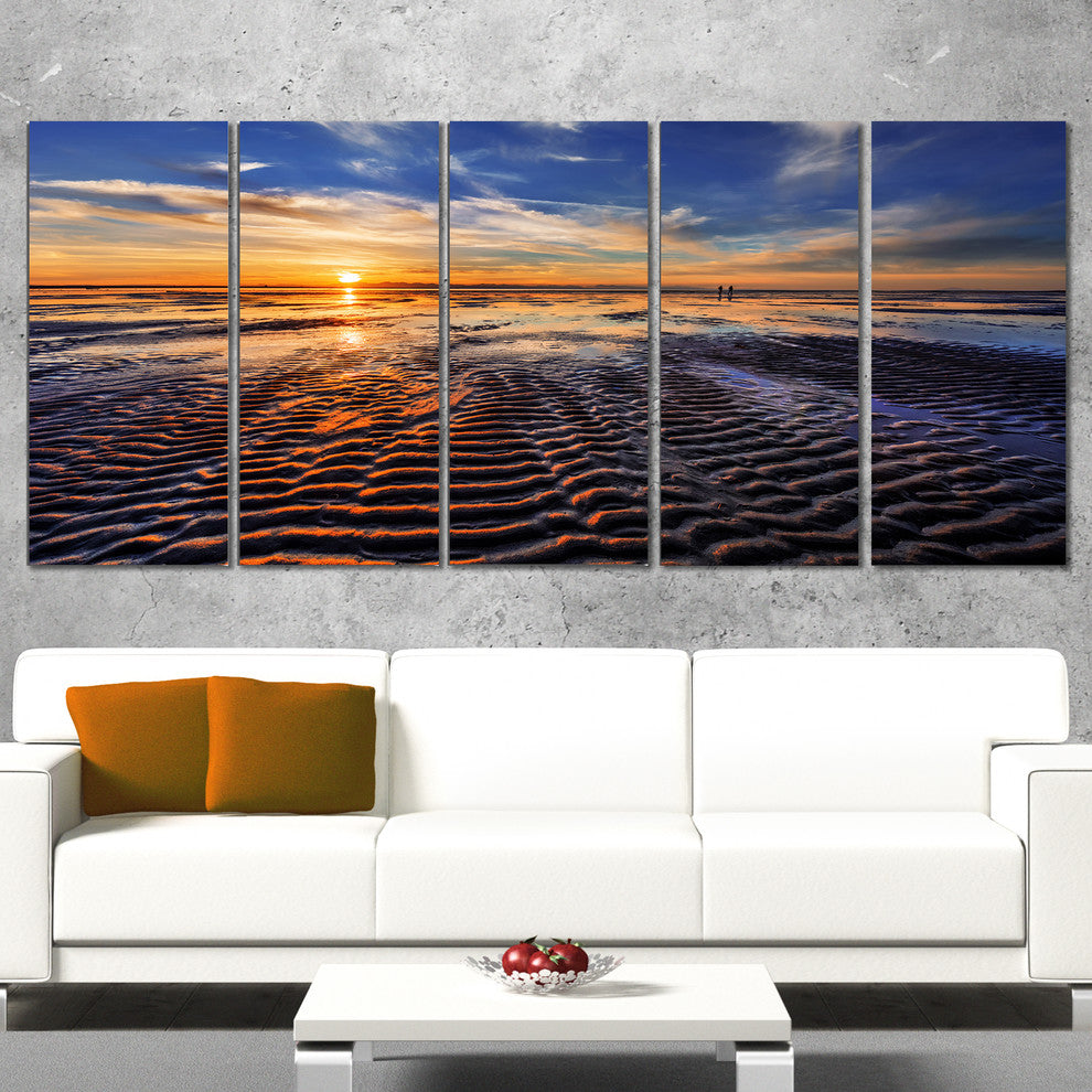 Waves On the Sand During Sunset, Seashore Canvas Print, 60"x28", 5 Panels