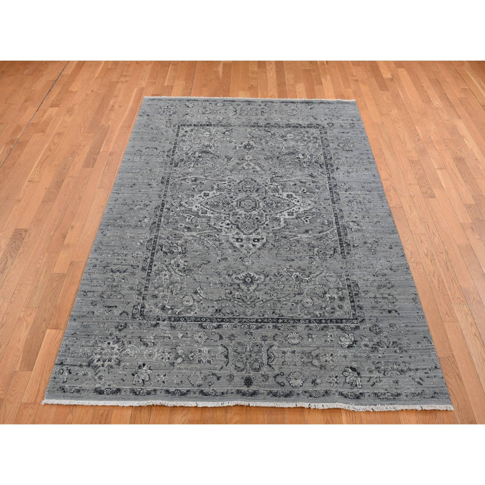 Gray, Broken Persian Erased Design, Silk With Wool Hand Knotted Rug, 6'x9'