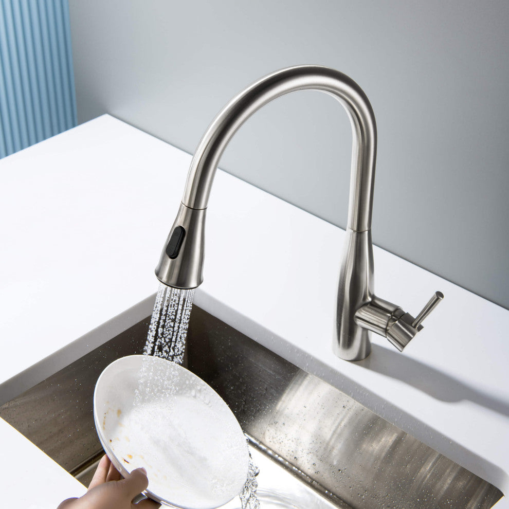 Bari-T Single Handle Pull Down Faucet, Brushed Nickel, With Soap Dispenser