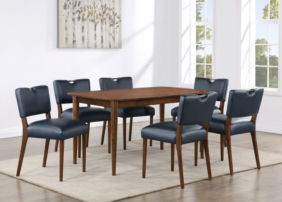 Bonito Faux Leather Dining Set, Walnut Finish, Midnight Blue, 7-Piece Set