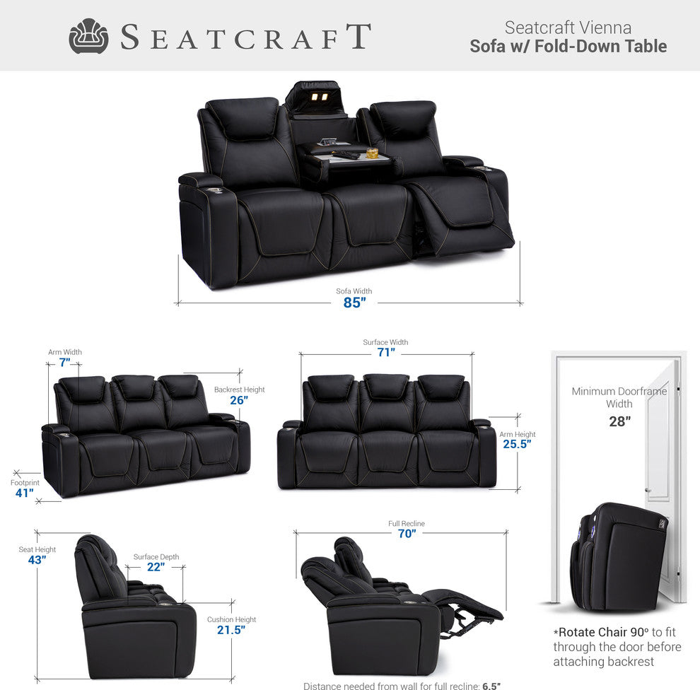 Seatcraft Vienna Leather Home Theater Seating Power Recline Sofa, Black