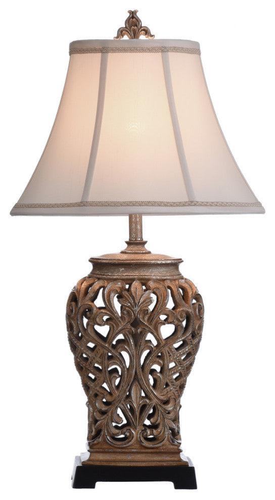 Traditional Table Lamp Open Lace Scroll, Savoy Silver Textile Shade