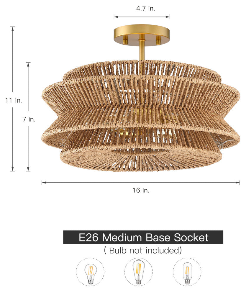 16" 2-Light Bohemian Woven Rope Semi-Flush Mount Ceiling Light