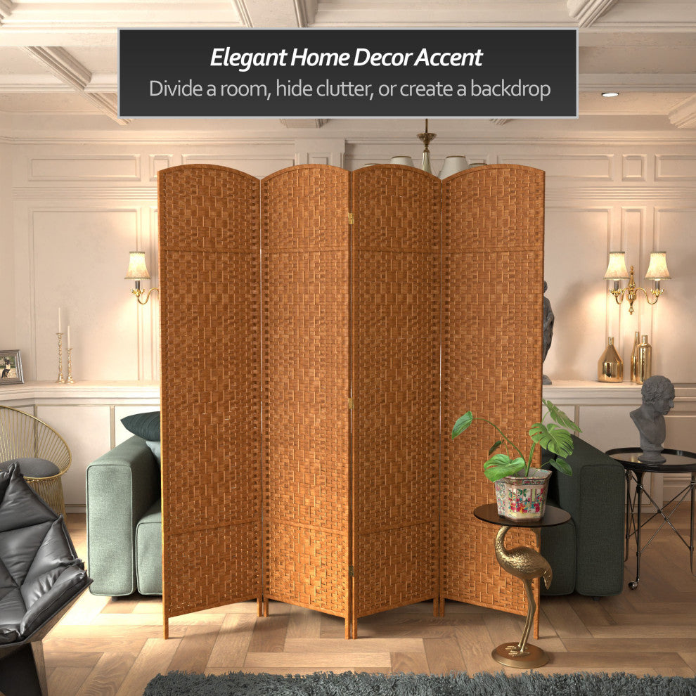7' Tall Diamond Weave Room Divider, Dark Beige, 4 Panels
