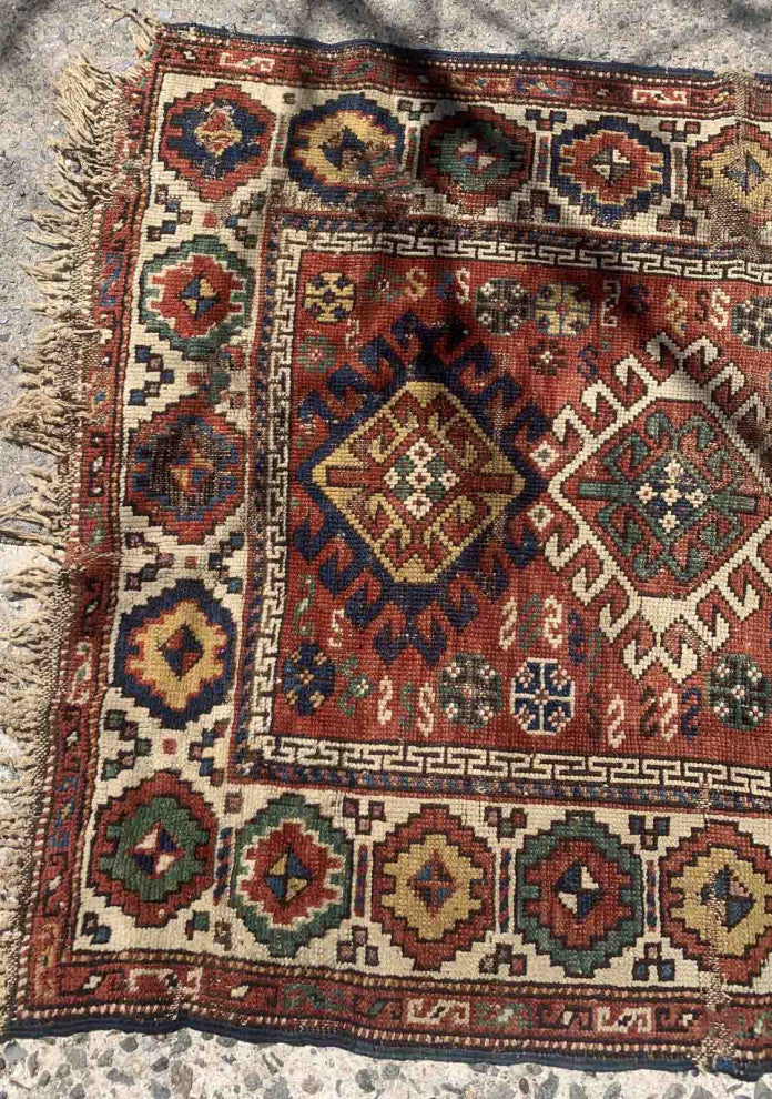 Handmade Antique Caucasian Kazak Rug 3.4'x4.4', 103cmx134cm 1880s