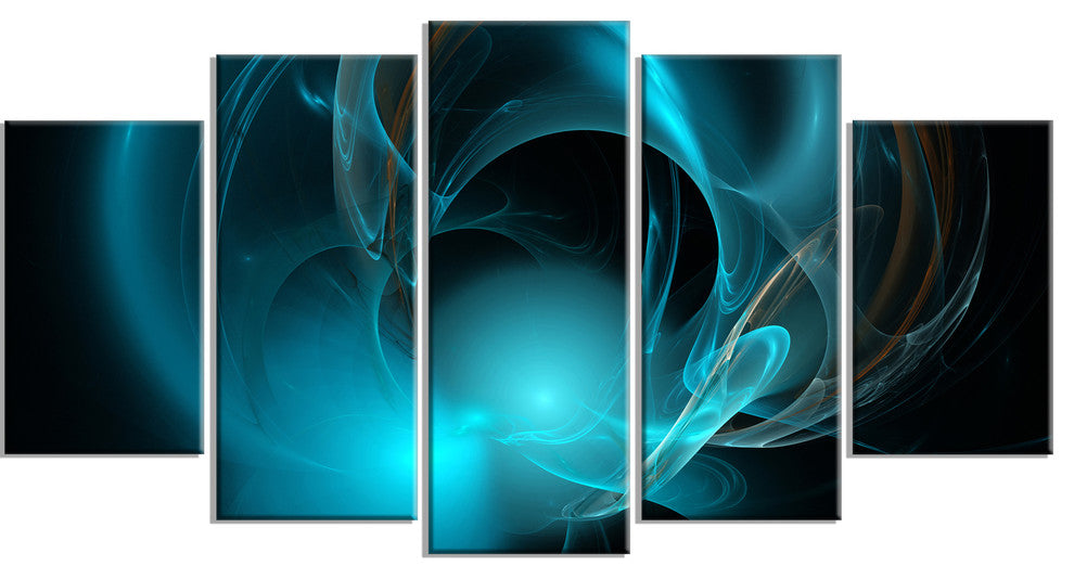 Blue Fractal Galactic Nebula, Contemporary Wall Art Canvas, 60"x32", 5 Panels
