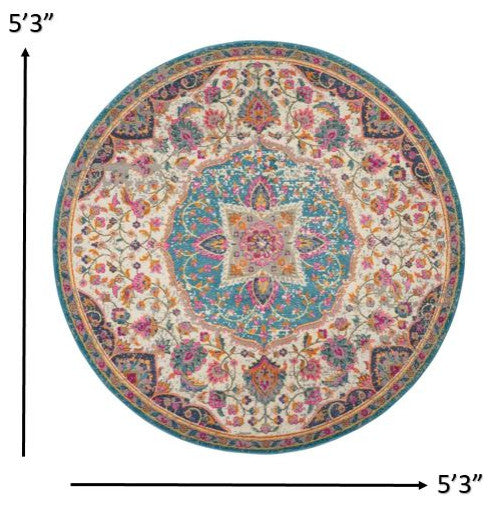 5' Pink And Green Round Dhurrie Area Rug