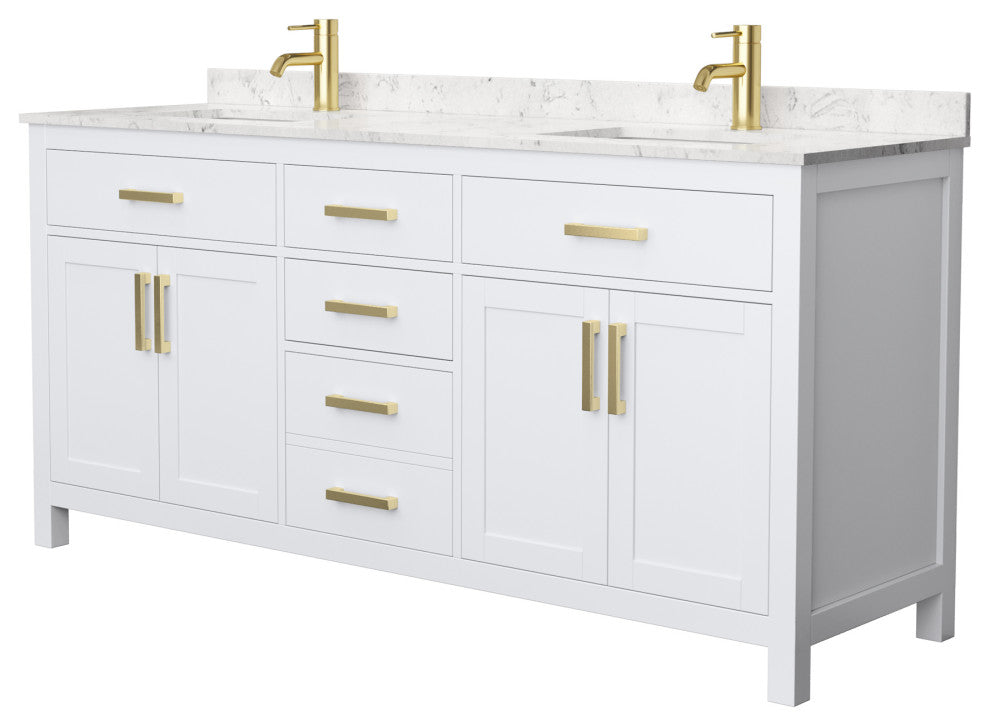 72"DBL Bath Vanity White, Carrara Cult. Marble Countertop, Sinks, Gold Trim