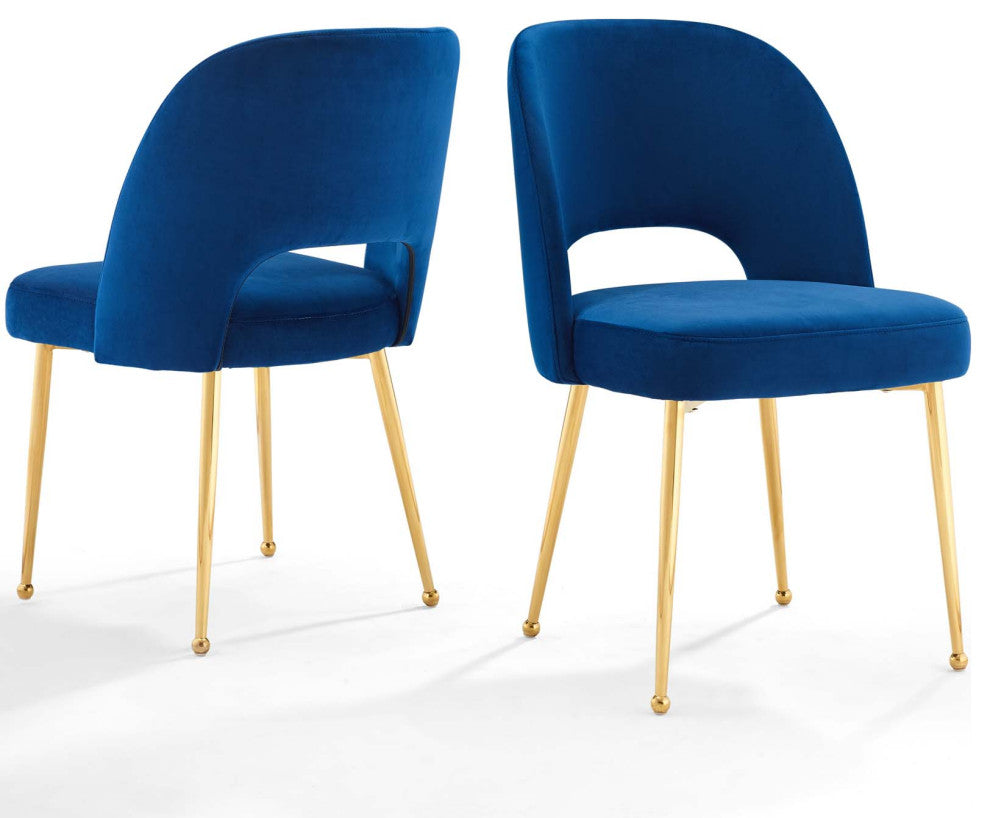 Side Dining Chair, Set of 2, Velvet, Metal, Blue Navy, Modern, Bistro Restaurant