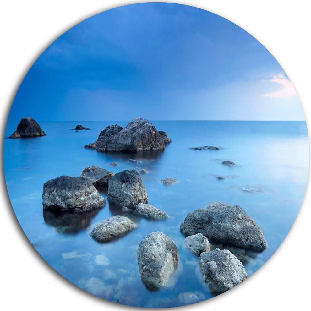 Rocky Blue Sea, Seascape Photography Round Wall Art, 23"