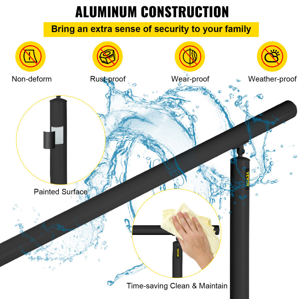 Outdoor Stair Railing Kit 5 FT Handrails Aluminum Stair Hand Rail, Black