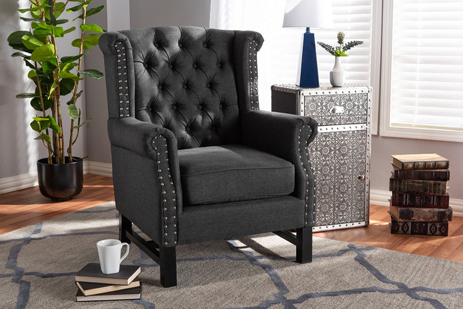 Charrette Transitional Gray Fabric Upholstered Button Tufted Armchair