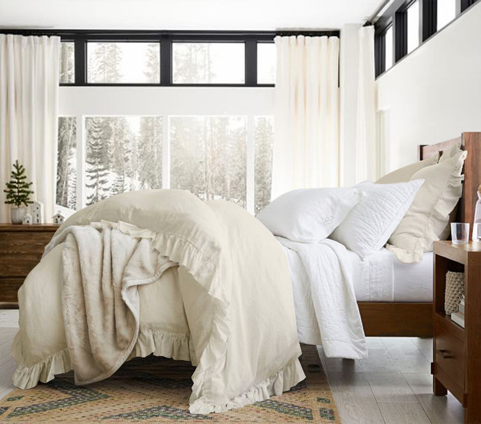 Organic Cotton 300 TC GOTS Certified 8 Internal Ties Ruffled Duvet Set, Ivory, King(108"x92")