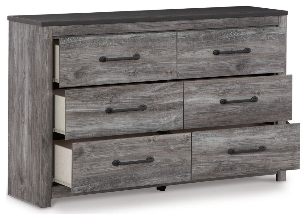 59" Wide Dresser With 6 Drawers, Metal Bar Handles, Distressed Gray