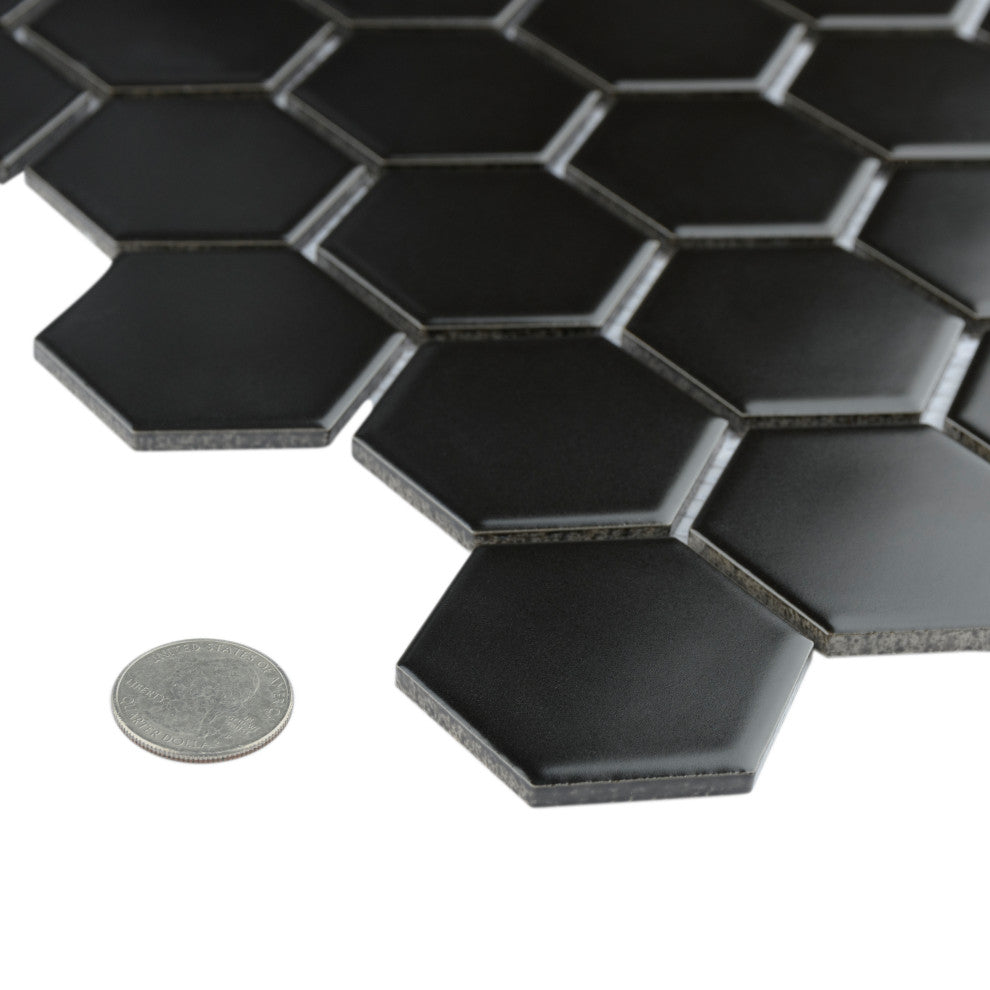 Metro 2" Hex Matte Black Porcelain Floor and Wall Tile