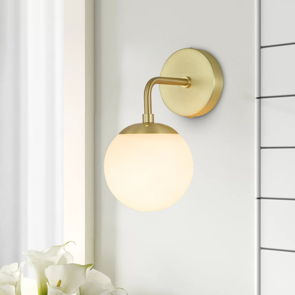 1-Light Milky Glass Globe Wall Sconce, Gold